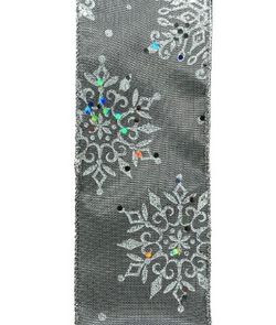 2.5"x10yd Wired Edge Glittered Snowflake on Silver ribbon-Christmas, Winter