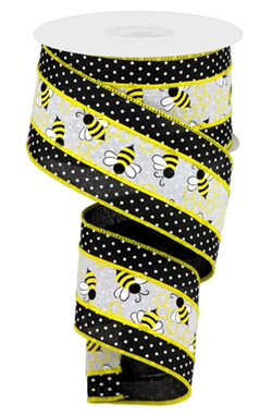 2.5" Bumblebees Swiss Dot Ribbon: Black & White (10 Yards) - Yellow Black Bee Wired Edge Canvas Ribbon