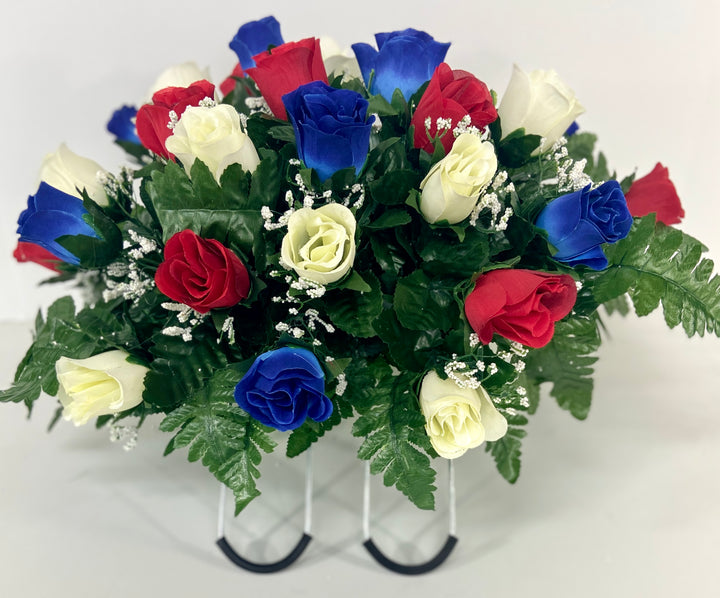 Small Patriotic Cemetery Headstone Saddle Flowers in Red White and Blue Roses for Summer, Memorial Day, Labor Day