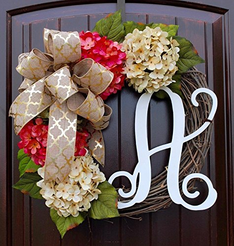 Hydrangea Monogram Initial Wreath with Two Bow Options and Antique White and Coral French Hydrangeas on Grapevine Base-Farmhouse Style Door Decor