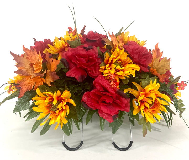 Cemetery Headstone Saddle Arrangement with Orange Spider Lilies & Red Roses, Fall leaves and Berries