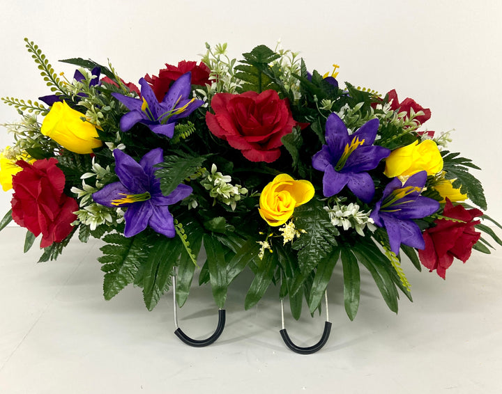 Cemetery Headstone Saddle Arrangement with Red and Yellow Roses and Purple Lilies, Grave Decoration, Tombstone Flowers, Cemetery Decor