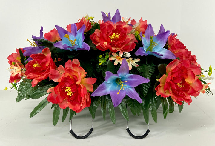 Spring, Mother's Day or Easter Cemetery Flowers for Headstone and Grave Decoration-Coral Peony, Purple Blue Easter Lily and Wildflowers