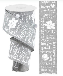 2.5"X10yd Southern Charm On Royal-White Print on Grey Wired Ribbon