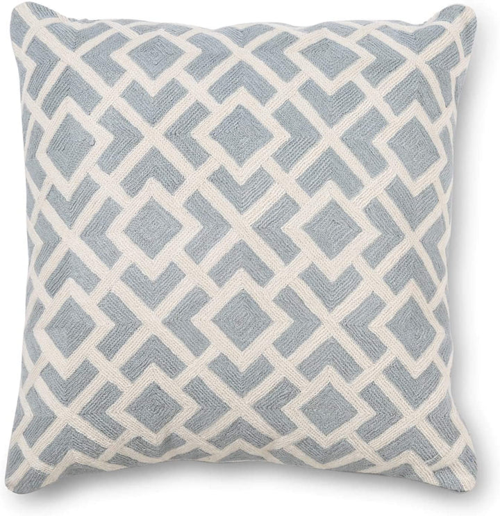 19 Inch Square Light Blue and White Embroidered Pillow with Geometric Design