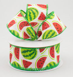 1.5" Watermelon Slices Royal Canvas Ribbon: White, Red, Green (10 Yards)