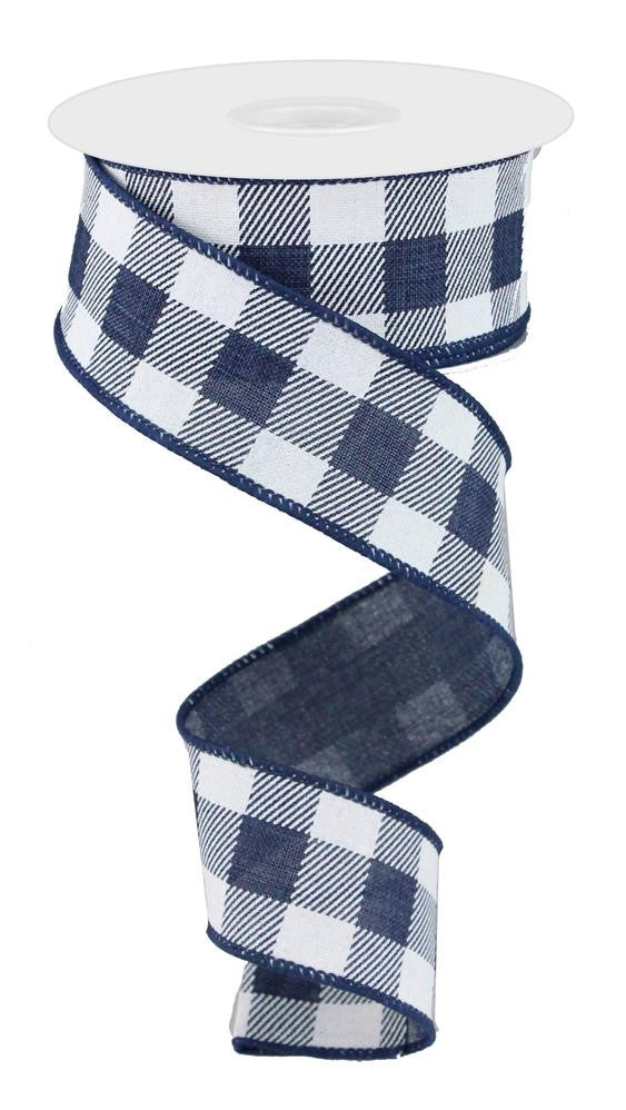 Plaid Check Wired Edge Ribbon - 10 Yards (Navy Blue, White, 1.5 Inches)