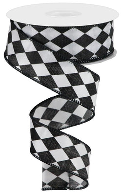 1.5"X10yd Harlequin On Satin Black White Check Wired Edge Ribbon