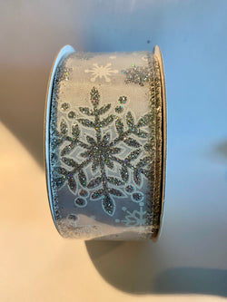 1.5"x10yd Silver Glittered Snowflake on White Wired Edge Ribbon