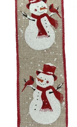 Snowman and Cardinal on Natural Wired Edge Ribbon-2.5" x 10yd