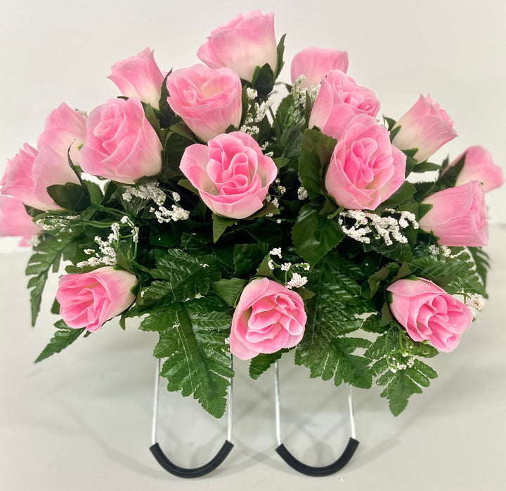 Small Pink Rose Spring Cemetery Flowers for Headstone and Grave Decoration-Pink Rose with Baby's Breath Saddle