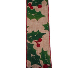 4 " X 10yd Wired Burlap Holly Berry Traditional Christmas Ribbon-Green, Red, Beige