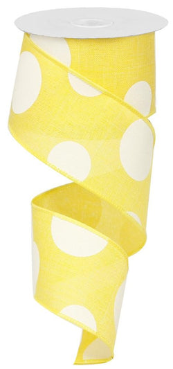Large Polka Dot Wired Edge Ribbon - 2.5 Inches x 10 Yards (Yellow, White)