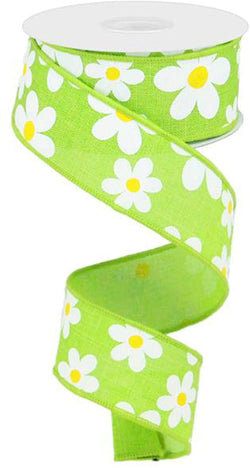 1.5" Flower Daisy Ribbon: Lime Green (10 Yards) Summer Spring Floral Wired Ribbon RG0193433