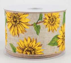 2.5" Sunflowers Linen Ribbon: Light Natural (10 Yards)