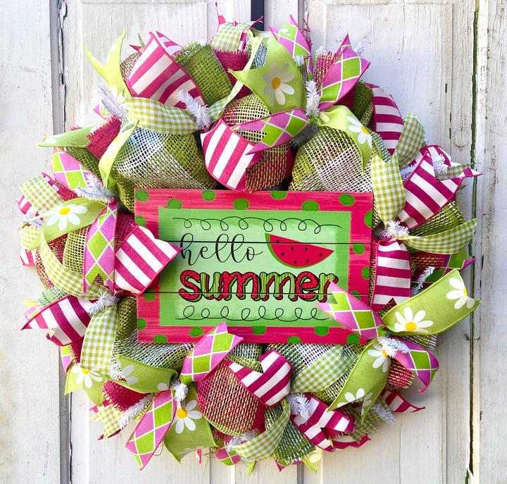 Summer Mesh Front Door Wreath with Sign, Hello Summer, Pink Green and White Ribbon, Colored Burlap Mesh