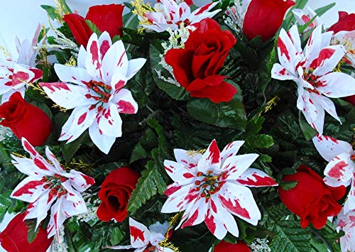 Cemetery Grave Decorations to Fill Grave Vase-Peppermint Poinsettia and Red Rose Mix