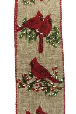 Red Cardinals on Snowy Tree Branch Wired Ribbon-2.5" x 10yd