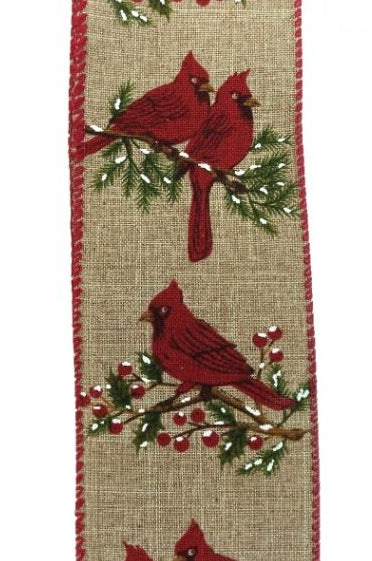 Red Cardinals on Snowy Tree Branch Wired Ribbon-2.5