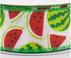 1.5"x10yd Watermelon Slice and Whole Watermelon Print Wired Edge Ribbon