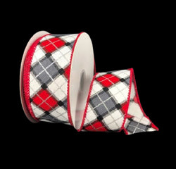 1.5" X 10yd Wired Claire Plaid Wired Edge Ribbon - White, Red, Grey, Silver