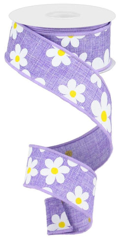 1.5"X10yd White/Yellow Flower Daisy Print On Lavender Royal Wired Ribbon