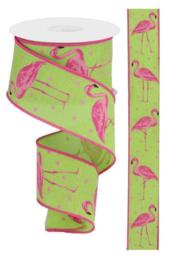 2.5" Flamingo Ribbon: Lime Green & Pink (10 Yards) Wired Lime Green and Pink Flamingo Ribbon