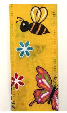 1.5" X 10yd Wired Satin Butterflies And Bees Ribbon-Yellow