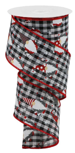 2.5"X10yd Christmas Gnomes On Black and White Check Wired Edge Ribbon