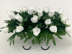 White rose cemetery arrangement for Headstone Decoration, Grave Topper, Saddle, Sympathy Flowers with Palms and Ferns