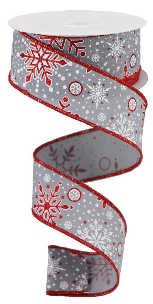 Snowflake Patterned Wired Edge Ribbon - 10 Yards (Grey, 1.5 Inch)