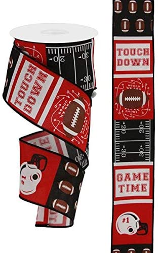 Football Block Pattern Wired Edge Ribbon - 10 Yards (Red, Black, 2.5 Inch)