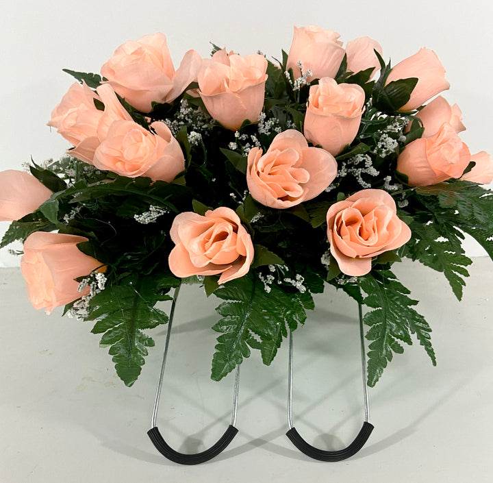 Small Cemetery Headstone Saddle Flower Arrangement in Peach Roses-Grave Marker Decoration, Sympathy Flowers