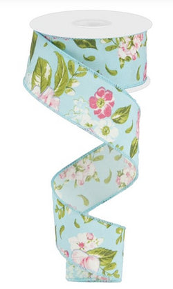 1.5"X10yd Floral on Light Blue Background Wired Edge Ribbon