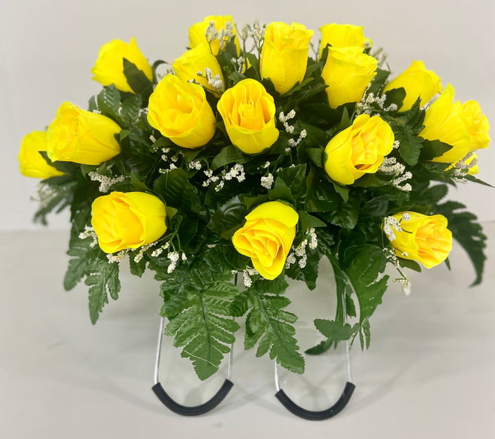 Small Yellow Rose with Baby's Breath Flowers Cemetery Headstone Saddle Arrangement, Sympathy Flowers