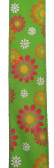 1.5 " x 50yd Satin Daisies on Lime Green Background