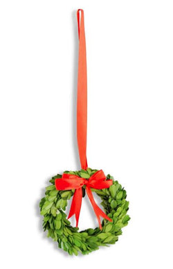6 Inch Round Preserved Boxwood Wreath with Red Ribbon