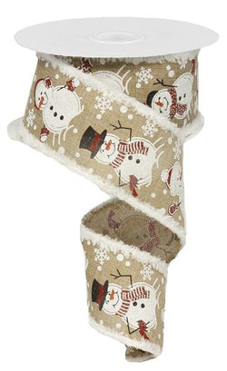 Snowmen on Natural Burlap Wired Edge Christmas Ribbon with Snowdrift Edge-2.5" x 10yds