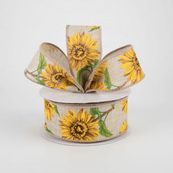 1.5" x 10yd Sunflower on Light Natural Wired Ribbon