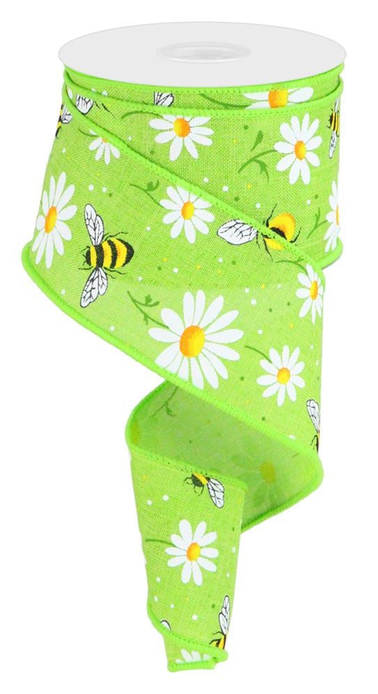 Bumble Bees & Daisies Wired Edge Ribbon - 10 Yards (2.5 Inch, Lime Green)