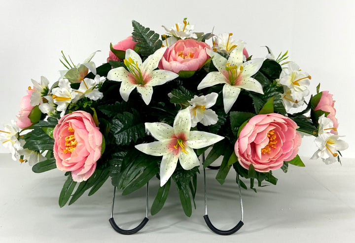 Spring or Easter Cemetery Flowers for Headstone and Grave Decoration-Peach Peony and Lily Mix Saddle, Mother's Day, Sympathy