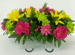 Cemetery Flowers for Headstone a& Grave Decoration-Yellow Lily, Pink Peony and Green Hydrangea Mix Saddle