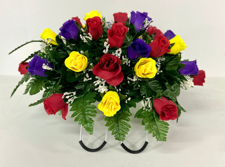 Small Spring Summer Cemetery Flowers for Headstone and Grave Decoration-Red Purple and Yellow Rose Mix Saddle Arrangement, Sympathy Flowers