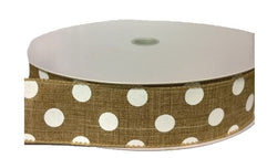 1.5" x 50yd White Dot on Natural Wired Edge Ribbon