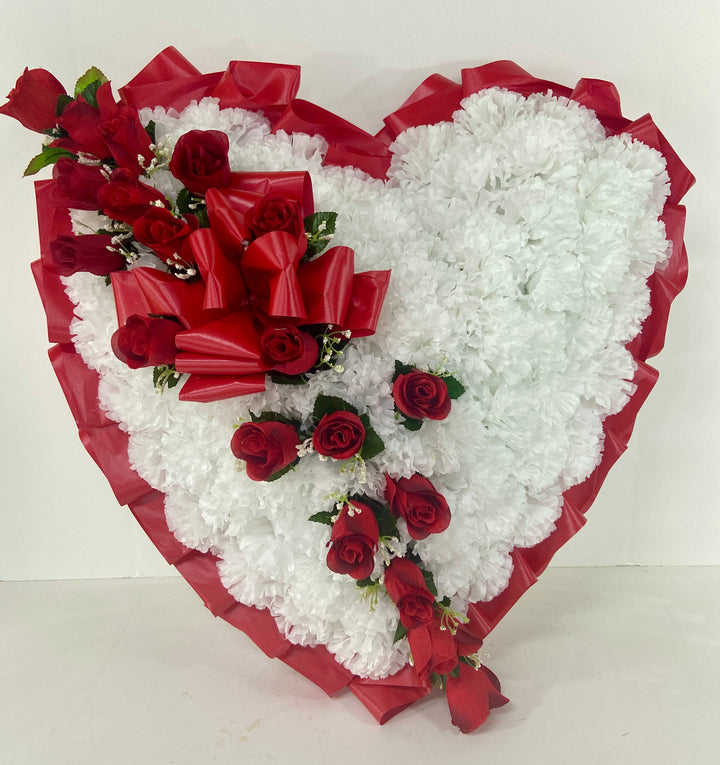 Heart Shaped Cemetery Grave Floral Arrangement for Sympathy, Funeral, Grave Site Decoration, Outdoor, Artificial Silk Roses with Carnations