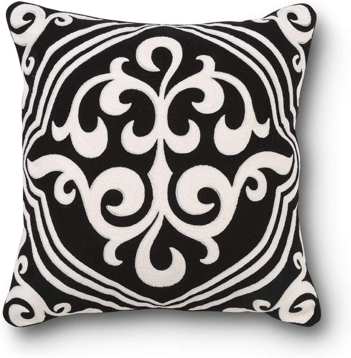 19 Inch Square Black & White Embroidered Pillow w/Damask Design, Black and White