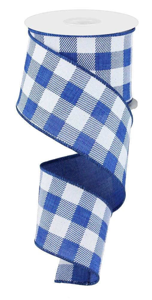 Plaid Check Wired Edge Ribbon - 10 Yards (Royal Blue, White, 2.5 Inches)