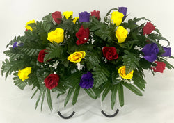 Spring Summer Cemetery Flowers for Headstone and Grave Decoration-Red Purple and Yellow Rose Mix Saddle Arrangement