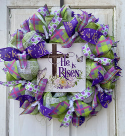 24" Diameter Easter Mesh Wreath with He is Risen Insert Sign and Ribbon