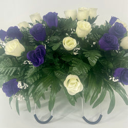Purple and Cream Rose Cemetery Headstone Saddle for Grave Decoration, Memorial Flowers, Silk Sympathy Arrangement